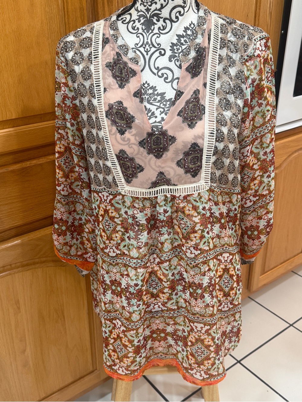 Figueroa & Flower Large Boho Mixed Print Crochet Trim Tunic Blouse Top